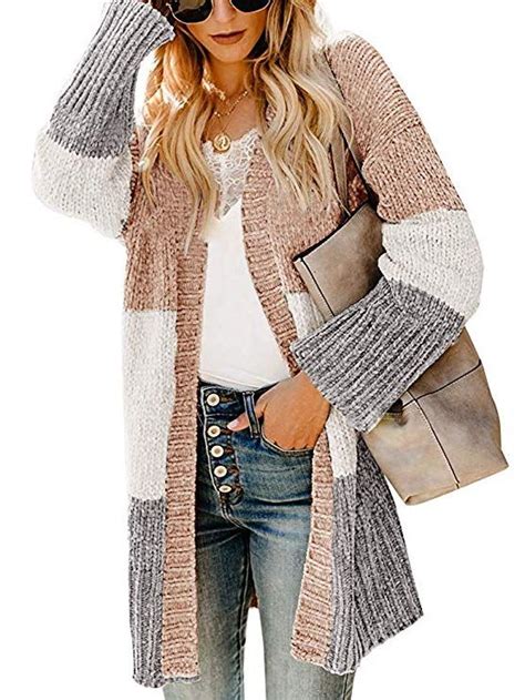 Ybenlow Womens Boho Chenille Knit Long Cardigans Colorblock Chunky Open