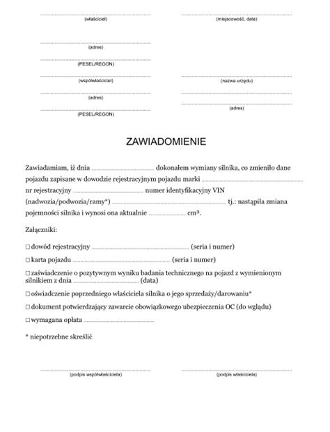 Zawiadomienie o wymianie silnika w pojeździe i zmianie pojemności