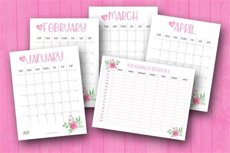 Simply Love Printables Pink Floral 2021 Monthly Calendars My Weekly