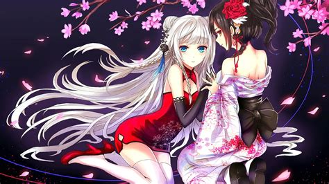 Anime Girls Wearing A Red Dress And Geisha Dress Illustration Hd