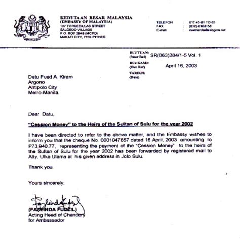 Surat undangan resmi untuk kepala sekolah dalam ba. Dokumen Bayaran Pajakan Sabah kepada Kesultanan Sulu oleh Kerajaan Malaysia | 2000 Nations