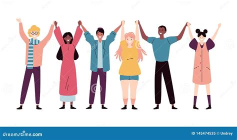 Happy Young People Standing Together And Holding Hands Stock Vector
