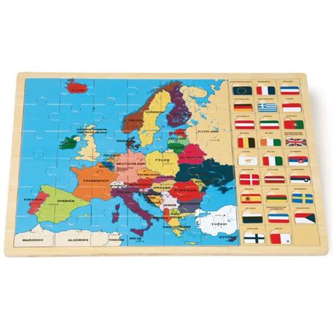 63tlg 45cm Puzzle Europa Mit Fahnen Europakarte Eu Holz Steckpuzzle