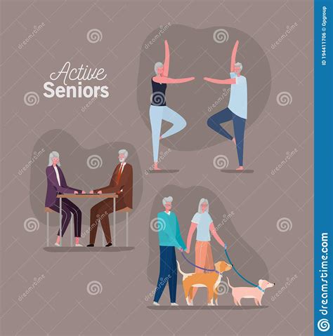 Set Of Active Seniors Woman And Man Cartoons On Blue Background Vector