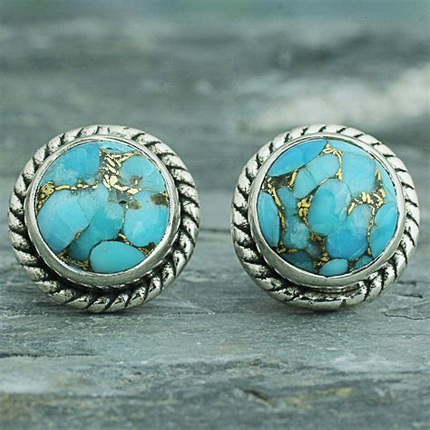 Sterling Silver Composite Turquoise Stud Earrings Cool Aqua Radiance