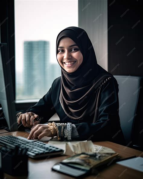 Premium Ai Image A Woman Wearing A Hijab Sitting At A Desk In Generative Ai