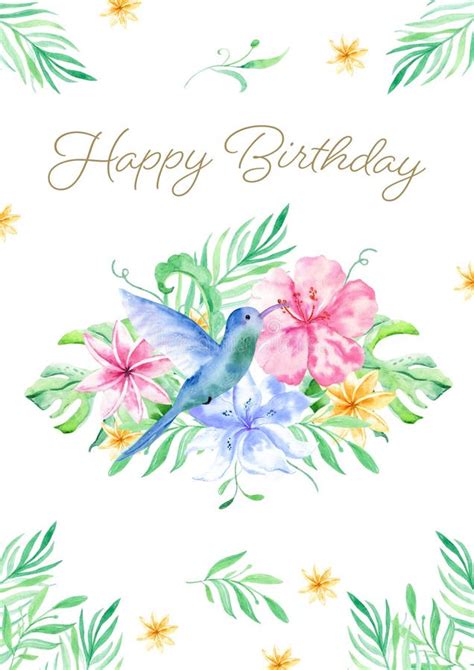 Watercolor Greeting Card With Tropical Flowers Leaves And Hummingbird