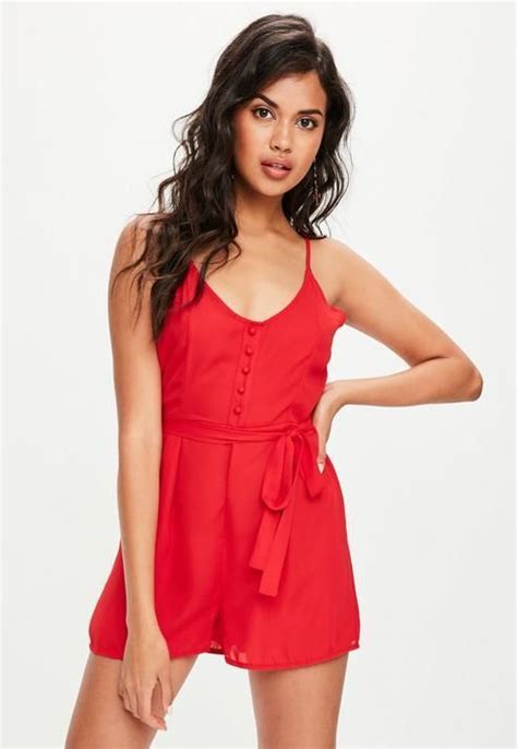 Romper Dress Red Button Long Sleeve Romper Beach Party Playsuits