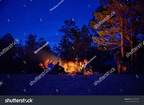 Tourists Around The Campfire At Night Olkhon Island Lake Baikal Stock