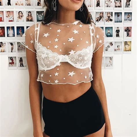 See Through Crop Top Women Fishnet Turtle Mesh Star Outfitter Style