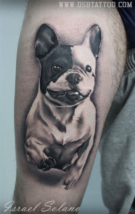 I don't know if i would ever get a tat of my frenchie (i say that now, but who knows in a couple of years lol); Black and grey style french bulldog tattoo on the right