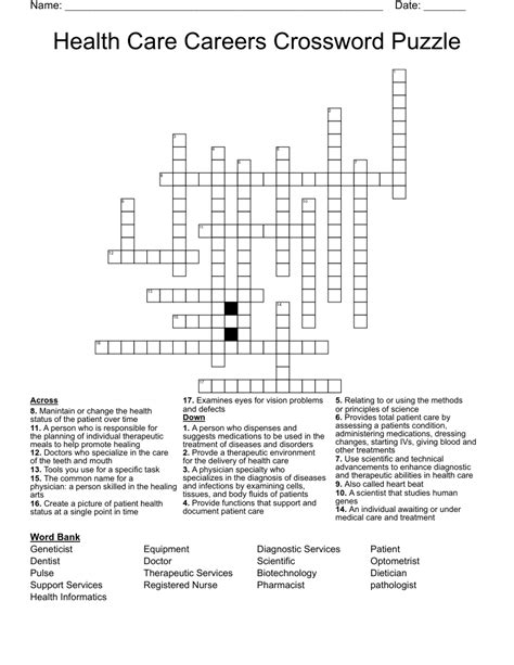 Health Care Careers Crossword Puzzle Wordmint