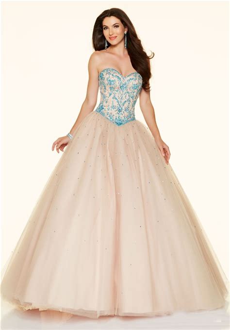 Ball Gown Strapless Drop Waist Corset Champagne Tulle Blue Beaded Prom
