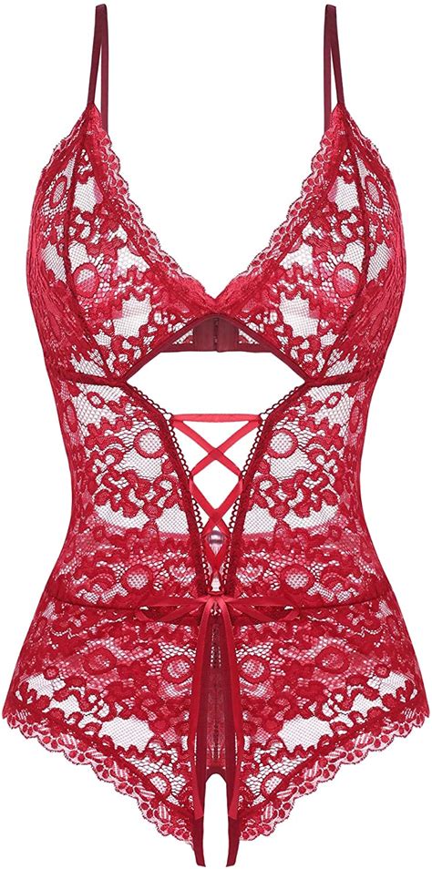 Ababoon Women Lingerie One Piece Lace Bodysuit Sexy Wine Red Size XX