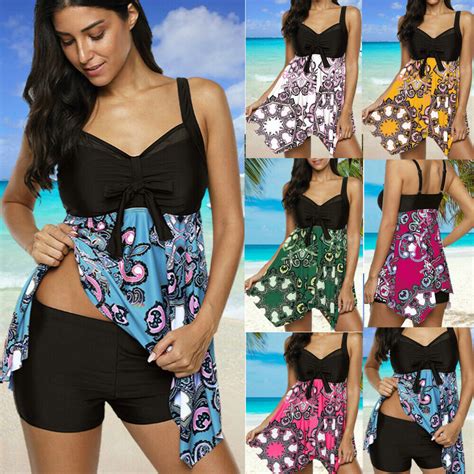 Ladies Boho Tummy Control Tankini Bikini Set Mini Dress Boyshorts Beach
