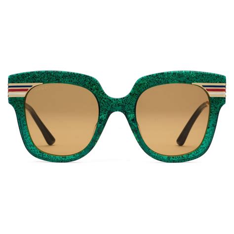 Gucci Square Frame Acetate Sunglasses Glitter Emerald Green Glitter Acetate And Gold Gucci