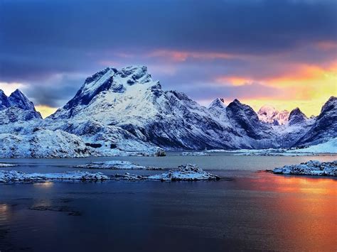 Norway Sunset Snowy Mountains Winter Landscape Hd