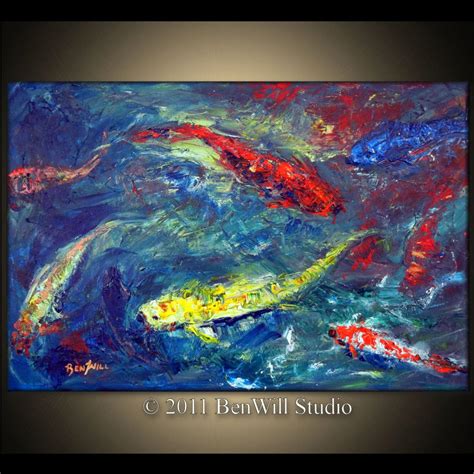 Original Large Modern Abstract Koi Fish Pond Painting Blue
