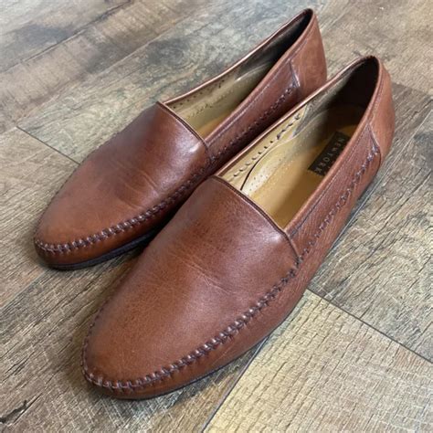 Barneys New York Cognac Brown Leather Slip On Loafers Whip Stitch