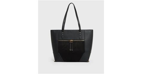 Black Suedette Panel Zip Tote Bag New Look