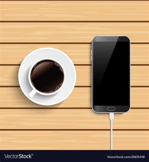Coffee Cup And Smartphone On Wooden Table Top Vector Image