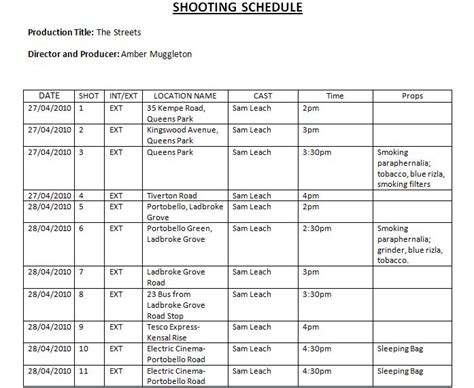 Media Coursework Shooting Schedule And Staffing Breakdown