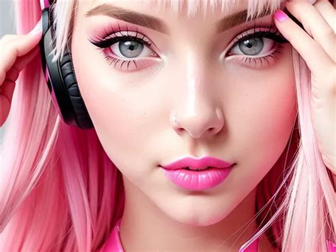 Dopamine Girl Bimbo Caucasian Blonde Hair Pink Headphones Head Facing Camera Pink Room