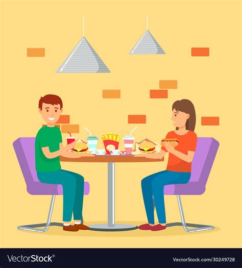 man and woman couple eat fast food in cafeteria vector image