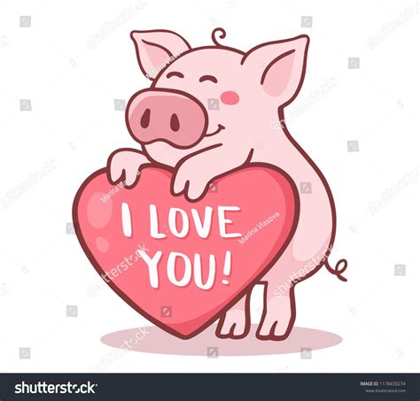 Vector Illustration Of Cute Cartoon Pig With Pink Large Heart And Text