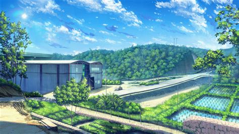 Safebooru Absurdres Blue Sky Building Bush Clouds Commentary Request Day Grass Ground Vehicle