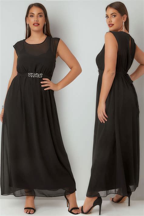 black chiffon maxi dress with embellished tie waist and split back plus size 16 to 32