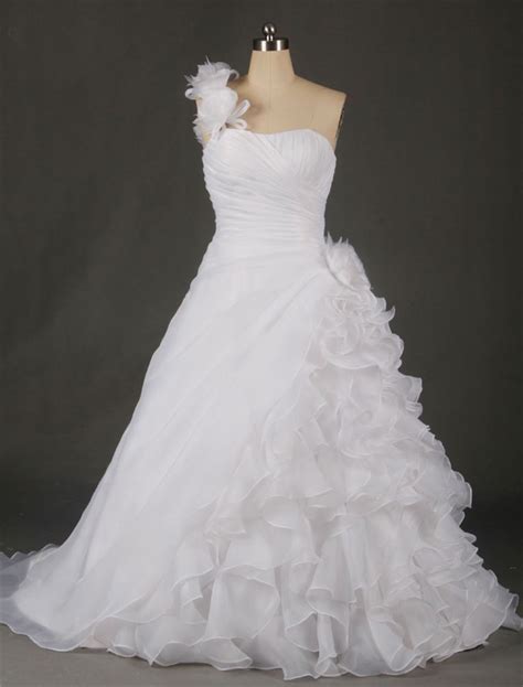 A Line One Shoulder Organza Ruffle Flower Plus Size Wedding Dress