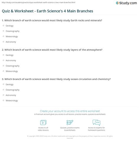 Quiz And Worksheet Earth Sciences 4 Main Branches