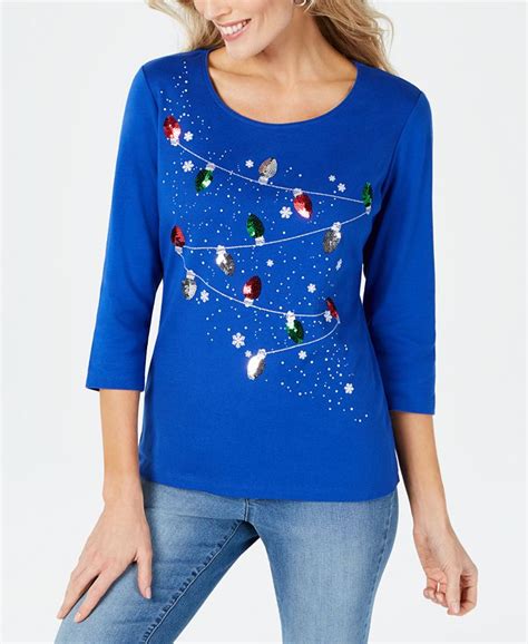 Karen Scott Petite 34 Sleeve Holiday Cotton T Shirt Created For Macy