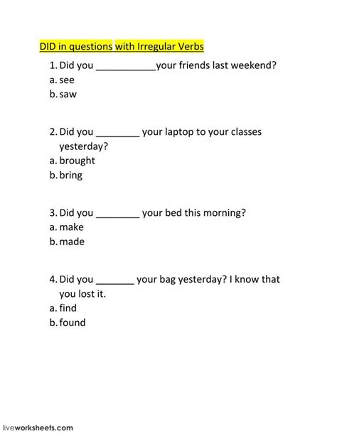 Did In Questions With Regular Verbs Worksheet Live Worksheets