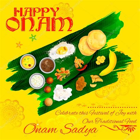 Happy onam festival message card or poster design with illustration of kathakali dancer on. Onam Sadya feast on banana leaf — Stock Vector © vectomart ...