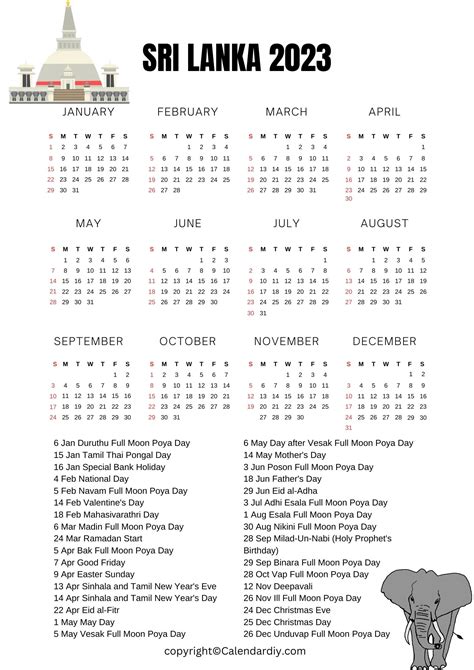 Sri Lanka 2023 Calendar With Public Holidays In Pdf