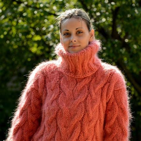 Hand Knit Mohair Sweater Cable Coral Color Fuzzy Turtleneck Jumper