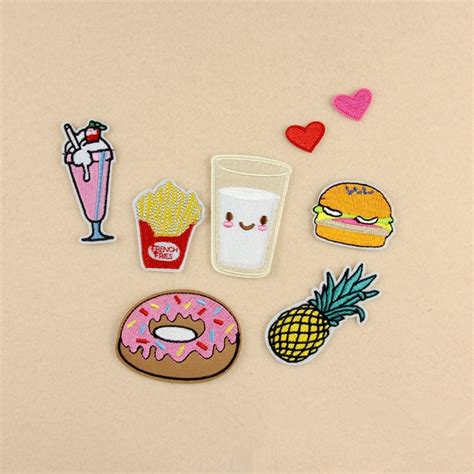 8pcs set embroidery patch french fries hamburger pineapple doughnut milk heart diy sticker for