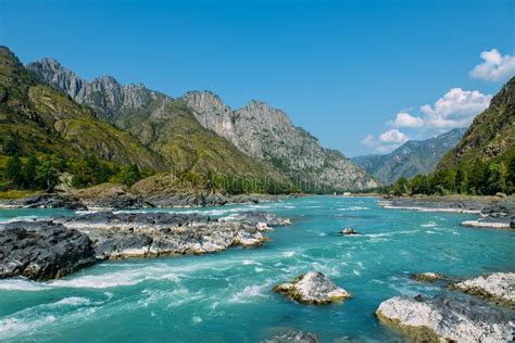 The Altay Landscape With Bright Turquoise Mountain River Katun And