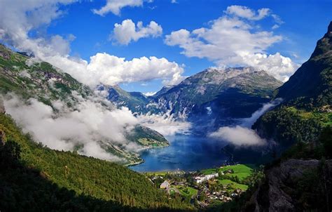 Wallpaper Clouds Mountains Village Norway Panorama Norway The