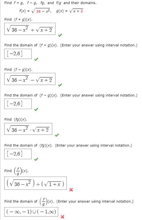 solved find f g f g fg and flg and their domains f x