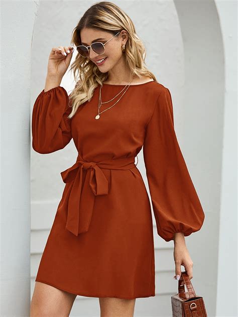 Boat Neck Bishop Sleeve Belted Dress In 2022 Mini Dress With Sleeves