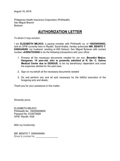 A letter of authorization gives the other person authorized to enter into a legally binding contract on your behalf. Sample authorization letter philhealth
