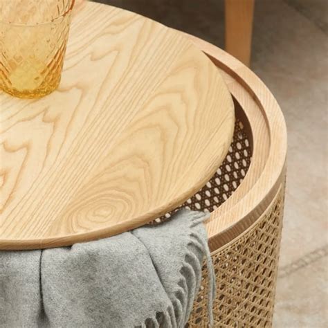 Japandi Round End Table With Storage Rattan Side Table Homary