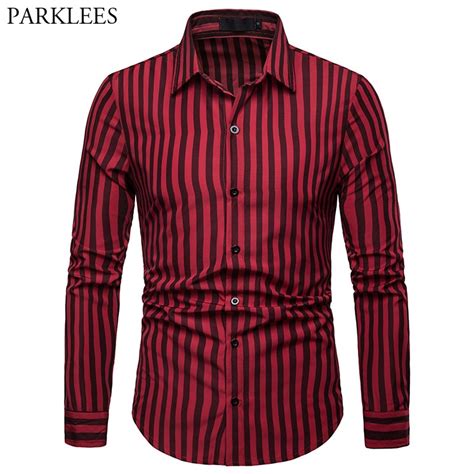 Fashion Red Striped Shirt Men 2019 Spring New Slim Fit Long Sleeve