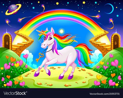 Rainbow Unicorn In A Fantasy Landscape Royalty Free Vector
