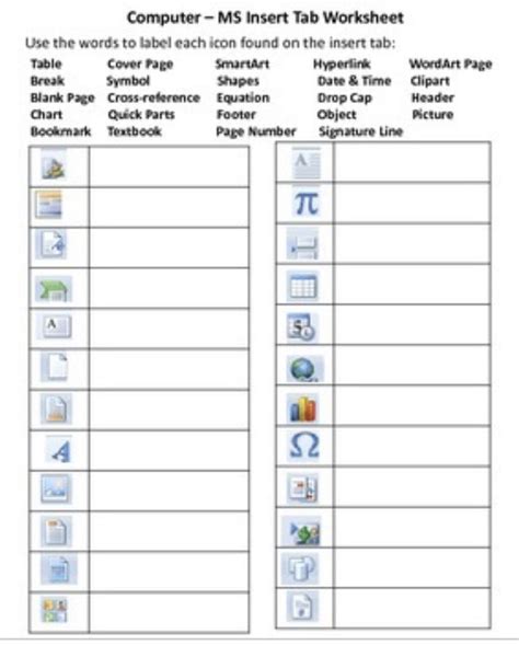 Microsoft Insert Tab Worksheet Microsoft Word Lessons Ms Word