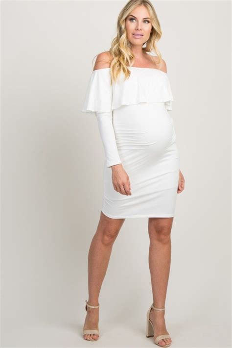 White Ruffle Trim Off Shoulder Fitted Maternity Dress White Maternity