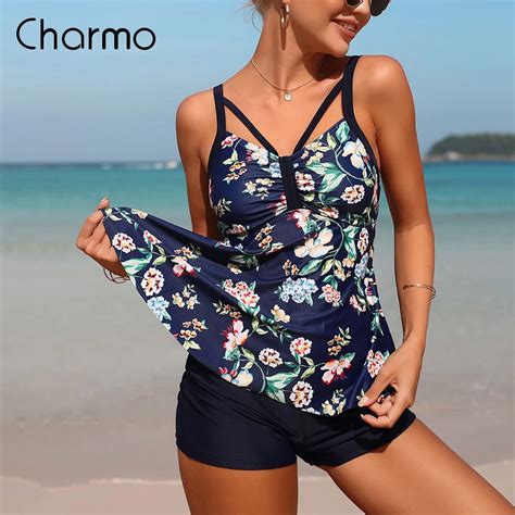 Charmo Two Pieces Tankini Set For Women Retro Hollow Out Floral Print V
